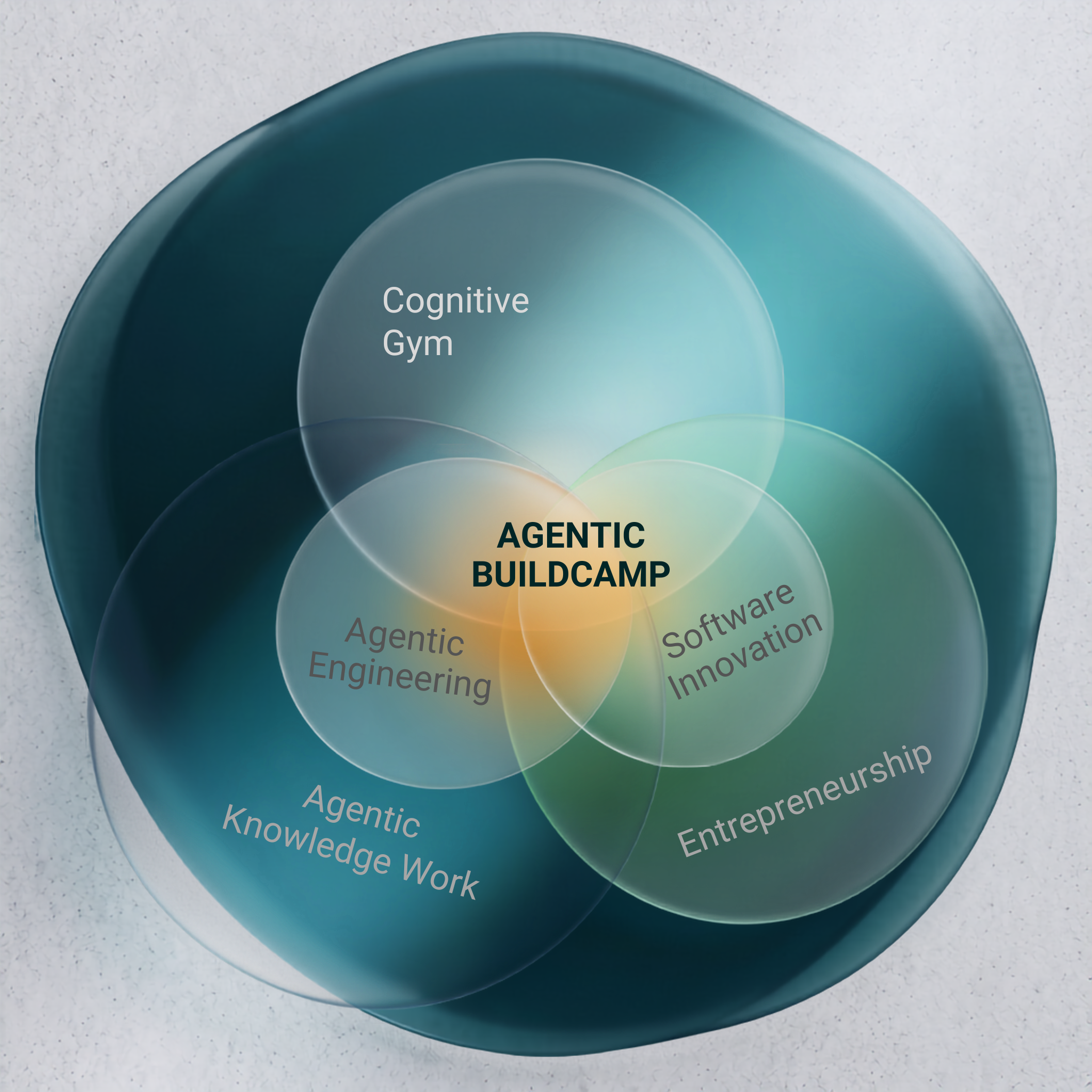 Venn diagram showing Agentic Buildcamp at the intersection of Cognitive Gym, Agentic Engineering, Agentic Knowledge Work, and Software Innovation & Entrepreneurship